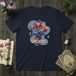 Orchids graphic t-shirt featuring a potted orange orchid with the word "ORCHIDS" in yellow text
