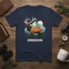 Oregon elk standing in front of mountains and pine trees, with the word Oregon below