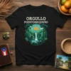 Orgullo Puertorriqueño text above a lush jungle waterfall scene with palm trees and a sunset, printed on a black t-shirt