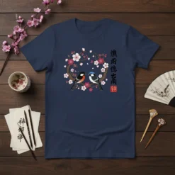 蝶雨德云南靜 T-Shirt with oriental birds perched on cherry blossom branches, featuring traditional Chinese calligraphy and a red seal