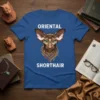 Oriental Shorthair cat design with green eyes and colorful mane on a blue t-shirt, featuring geometric art style