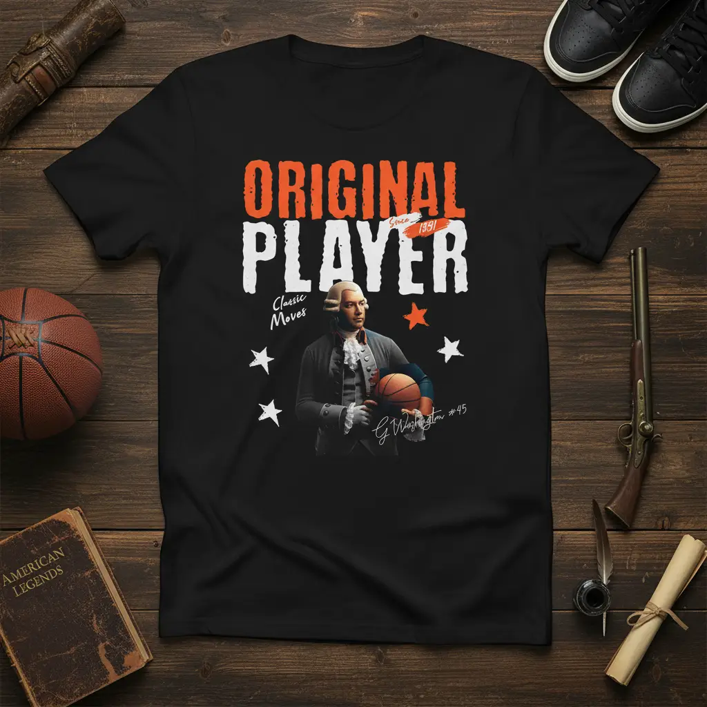 Original Player Classic Moves text with George Washington graphic on a black t-shirt, featuring basketball imagery