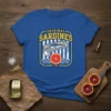Original Sardines 4 Oz t-shirt design featuring a retro tin of sardines, blood orange slice, and blue and white striped