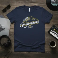 Orlando Breaks DJ T-Shirt featuring the city skyline and a turntable graphic