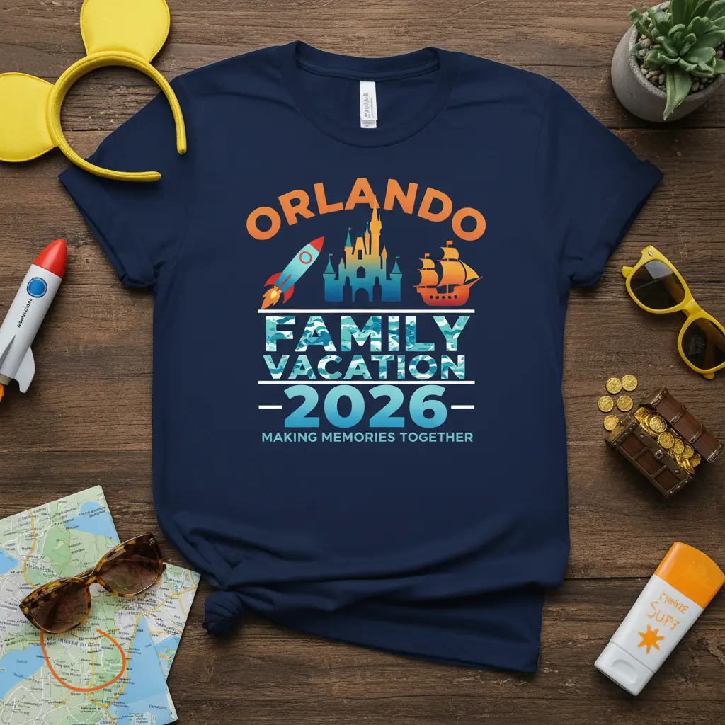 Orlando Family Vacation 2026 Making Memories Together text with castle, rocket, and ship graphics on navy tee
