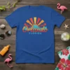 Orlando Florida retro sunset design with palm trees and waves, printed on a blue t-shirt