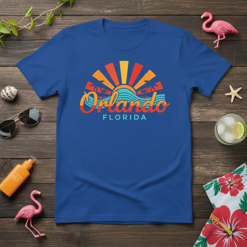 Orlando Florida retro sunset graphic with palm trees and ocean waves on a blue t-shirt