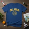 Orlando Rocket Palm Trees T-Shirt design featuring yellow text and circular graphic with rocket, palm trees, and sunburst