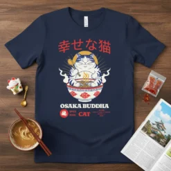 Osaka Buddha Spice Bowl Cat T-Shirt design featuring a happy cat eating ramen, with Japanese text above and "Spice Bowl