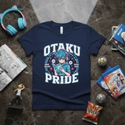 Otaku Pride Anime Dreams Manga Magic t-shirt featuring a blue-haired anime character reading a book, surrounded by stars and text