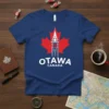 Ottawa Canada t-shirt design with a red maple leaf and white outline of Parliament Hill building, text reads OTTAWA CANADA