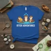 Otter Adventures t-shirt design with three cute otters swimming in water, one holding a seashell. White text reads "OTTER ADVENTURES"
