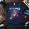 Otter Space T-Shirt with astronaut otter floating in space, stars, and planets