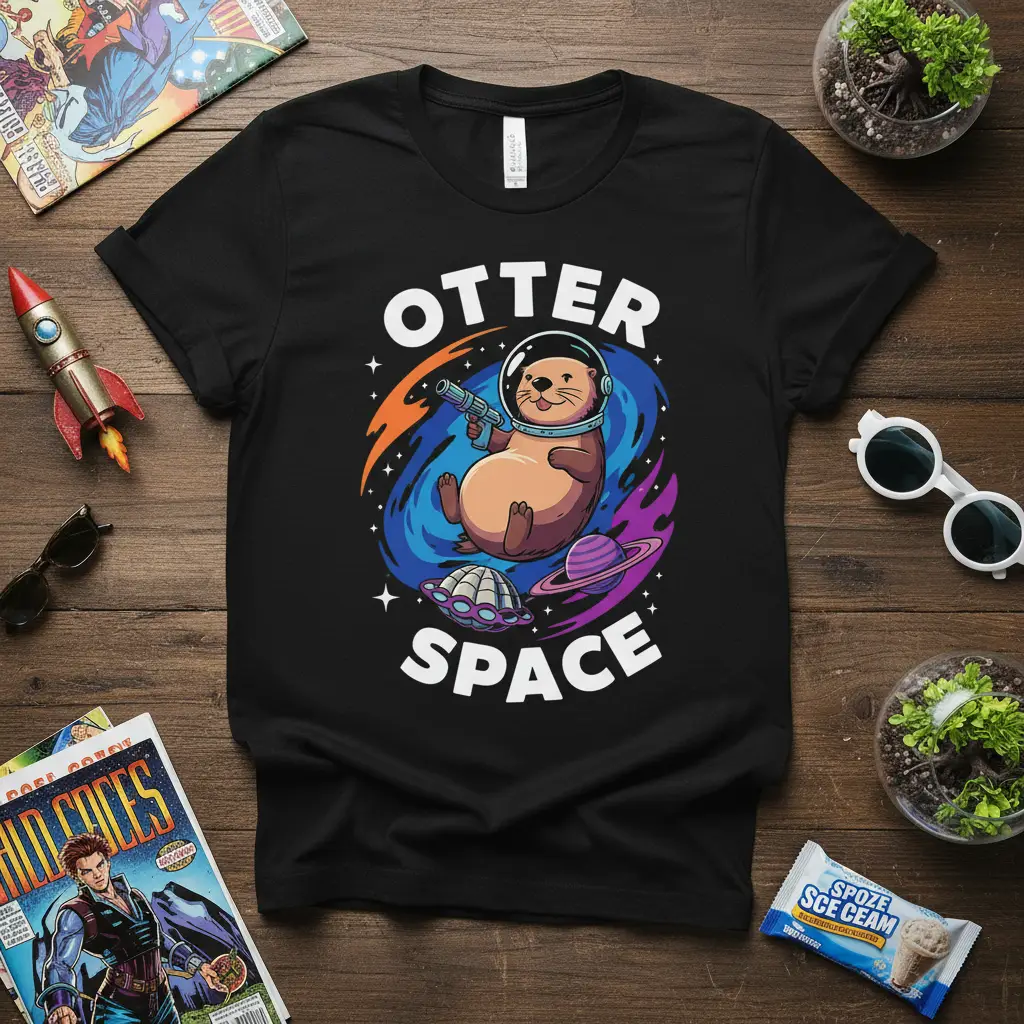 Otter Space graphic tee with astronaut otter and cosmic background design