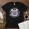 Black t-shirt featuring a circular alarm clock graphic with "OUI HUI" in purple and white text, surrounded by gears and