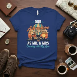 Couple on hot air balloon with text "Our Adventure Journey of Love As Mr. & Mrs. Cruising with My Love"