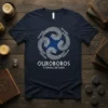 Ouroboros Eternal Return t-shirt with intricate Celtic knot design and celestial background