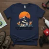 Out of Breath Hiking Society t-shirt with cartoon hikers and mountains, featuring the quote "Don't Worry, I'll Be There In