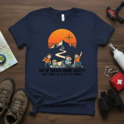 Out of Breath Hiking Society t-shirt with cartoon hikers and mountains, featuring the quote "Don't Worry, I'll Be There In