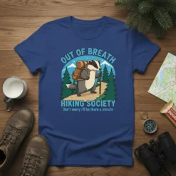 Out of Breath Hiking Society t-shirt with a cartoon badger wearing a backpack and hiking stick, text "OUT OF BREATH