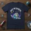 Astronaut floating around Earth with "Out of Earth" text above, space-themed graphic t-shirt design