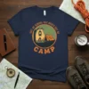 Out of School But Never Out of Camp text on a navy t-shirt with a camping graphic, featuring a tent