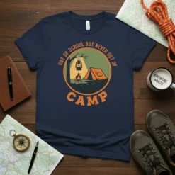 Out of School But Never Out of Camp text on a navy t-shirt with a camping graphic, featuring a tent