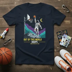 Astronaut dunking basketball in space design with text "Out of This World Hoops" and "Cosmic Athletics Est. 2024"