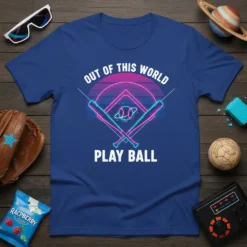 Blue t-shirt with "Out of This World Play Ball" text and retro baseball diamond graphic with bats and planet
