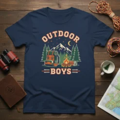 Outdoor Boys camping graphic t-shirt featuring a backpack, campfire, and mountains under a starry sky