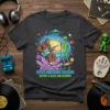 OUTER DIMENSION ROCKERS BIGFOOT & ALIEN JAM SESSIONS t-shirt design showing Bigfoot playing guitar and an alien singing into a