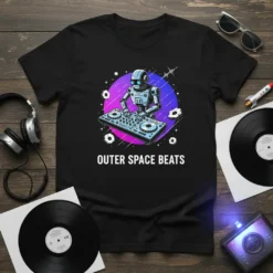 Black t-shirt with "Outer Space Beats" text and a robot DJ graphic in a cosmic setting