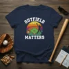 Outfield Matters baseball t-shirt design with a vintage sunset graphic and baseball field silhouette