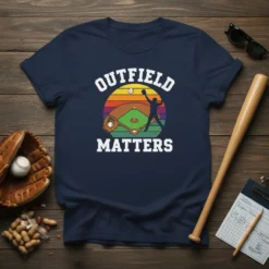 Outfield Matters baseball t-shirt design with a vintage sunset graphic and baseball field silhouette