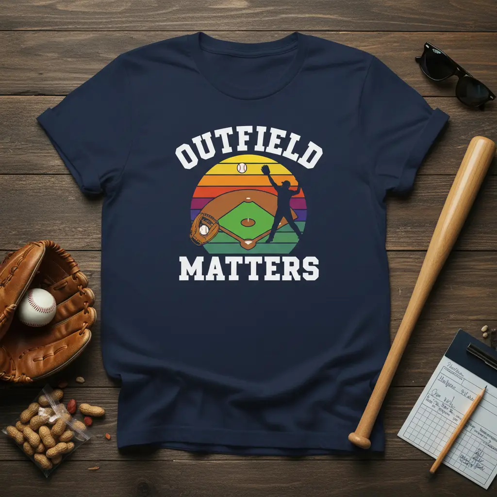 Outfield Matters baseball t-shirt design featuring vintage sunset and player silhouette