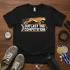 Black t-shirt with "Outlast The Competition" text and a running cheetah graphic, representing speed and victory