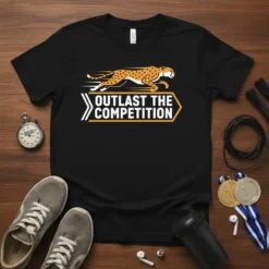 Black t-shirt with "Outlast The Competition" text and a running cheetah graphic, representing speed and victory