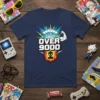 Navy blue t-shirt with "OVER 9000" text, a flexing bicep graphic, and an explosion design