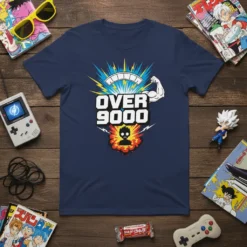 Navy blue t-shirt with "OVER 9000" text, a flexing bicep graphic, and an explosion design