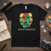 Black t-shirt featuring the "OVERLAP & PERSPECTIVE" text and colorful abstract face art