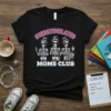 Overstimulated Moms Club t-shirt design featuring three skeletons with messy buns, one holding a phone, one a coffee, and one