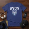 Blue t-shirt with white text "OVOO" above a stylized blue and white owl graphic