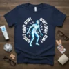 Navy t-shirt with white text 'OW! ¡MO OW! !MO OW! !MO OW! !MO' surrounding a blue outlined figure experiencing electric