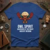 Owl Spirit Guardian of the Night Ancient Wisdom text with a majestic owl graphic on a blue t-shirt