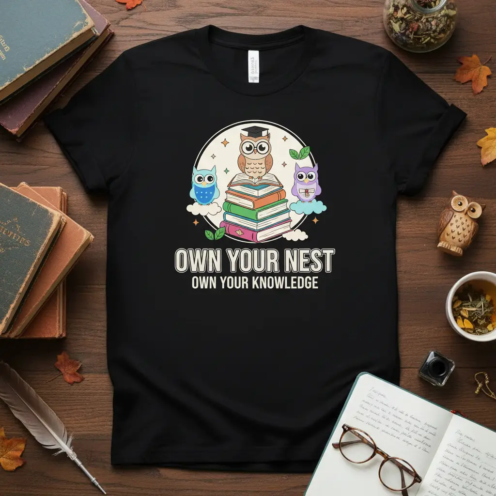 Own Your Nest Own Your Knowledge text with cute graduation owl and books graphic on black tee