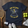 Navy blue t-shirt with yellow text "Own The Court I Love This Game" and a graphic of a tennis player