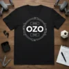 Black t-shirt featuring the white OZO logo, a circular geometric design with circuitry elements