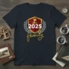 P 2025 family crest design on a navy t-shirt, featuring laurel leaves and elegant script
