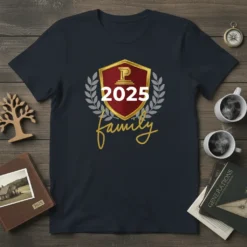 P 2025 family crest design on a navy t-shirt, featuring laurel leaves and elegant script