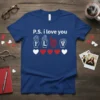 P.S. i love you text with ASL hand signs for I, L, O, V, E and hearts on a blue